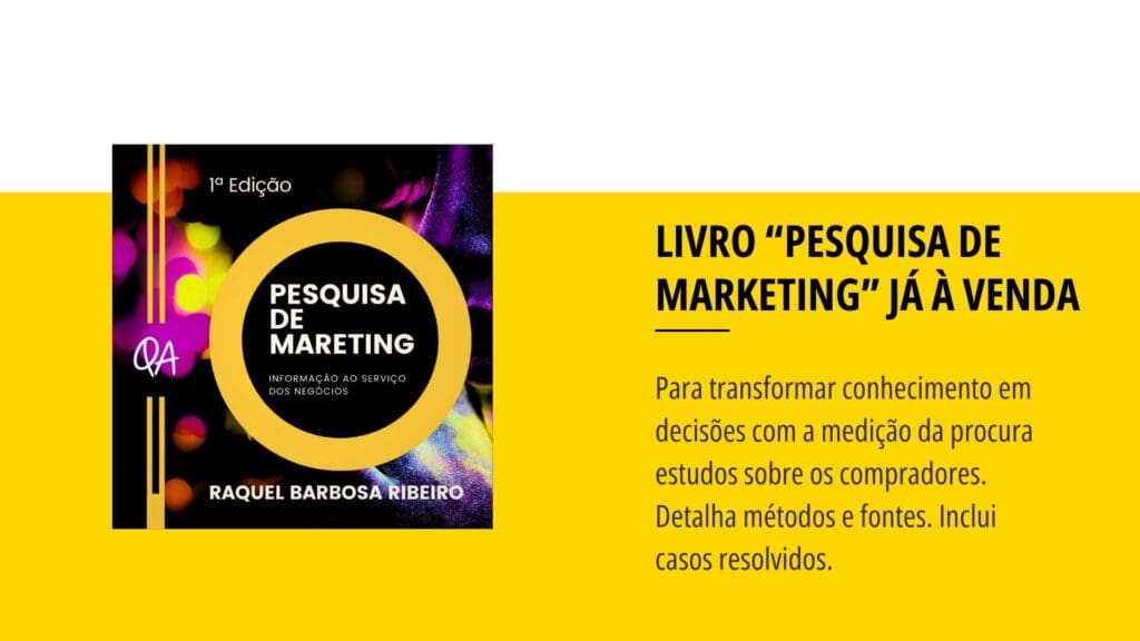 Banner do livro “Pesquisa de Marketing — Informação ao serviço dos negócios”: capa com anel amarelo à esquerda; à direita, faixa amarela com “Livro ‘Pesquisa de Marketing’ já à venda” e resumo.