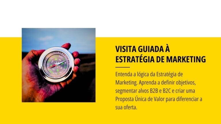Bússola na palma da mão sobre fundo amarelo com o texto Visita Guiada à Estratégia de Marketing.