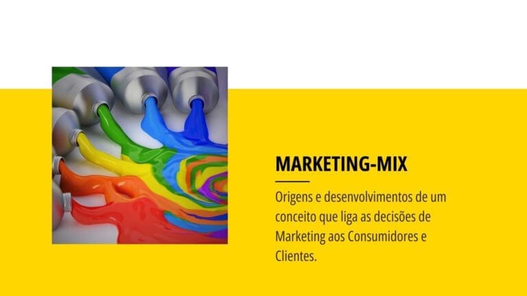 Tubos de tinta de várias cores a misturarem-se, simbolizando o Marketing-Mix e a integração das decisões de Marketing.