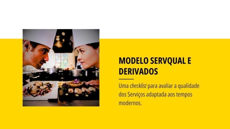 Chefs frente a frente numa cozinha profissional com prato gourmet; ao lado, texto “Modelo SERVQUAL e Derivados”.